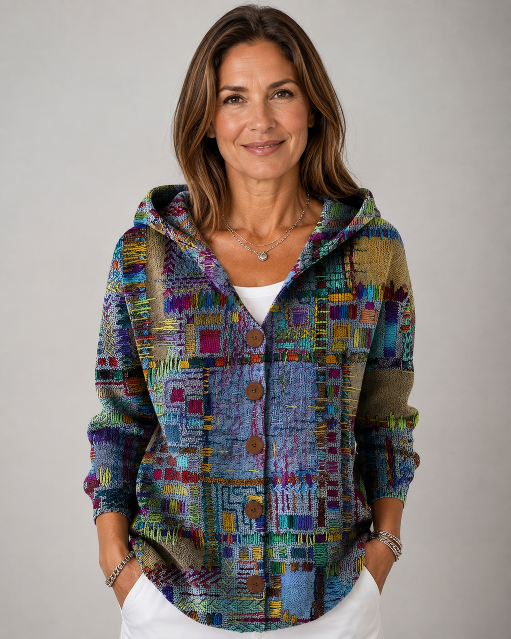 Isadora - Chaleco con Capucha Estampado Patchwork