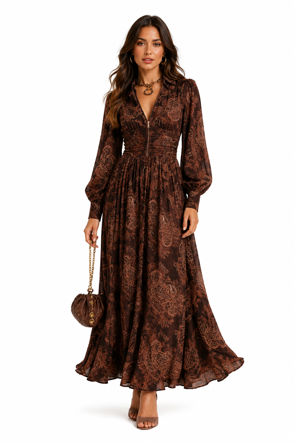 Ariane | Vestido Largo con Estampado Cachemira y Talle Ceñido