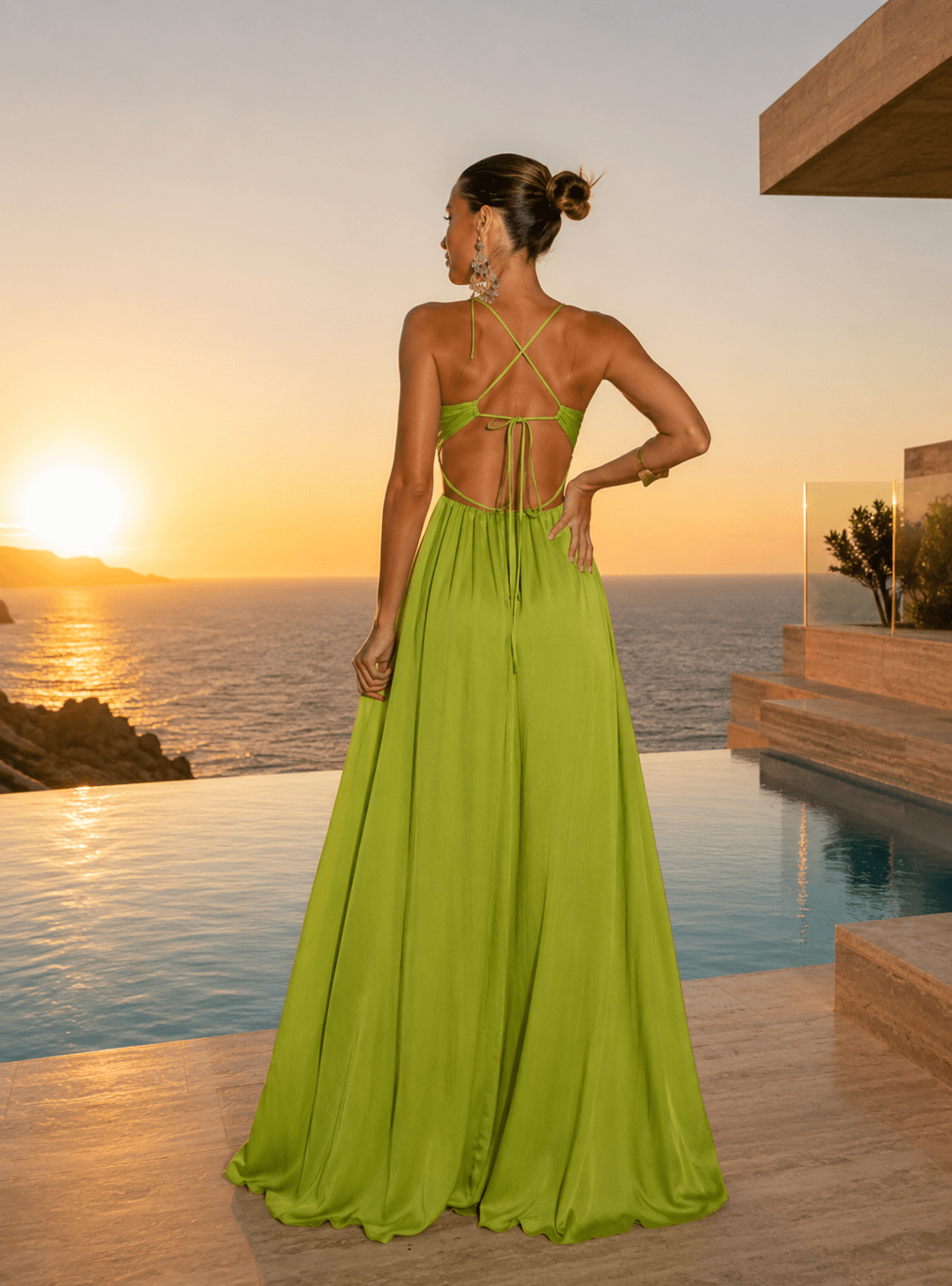 Vestido largo  con ribete verde oliva Night