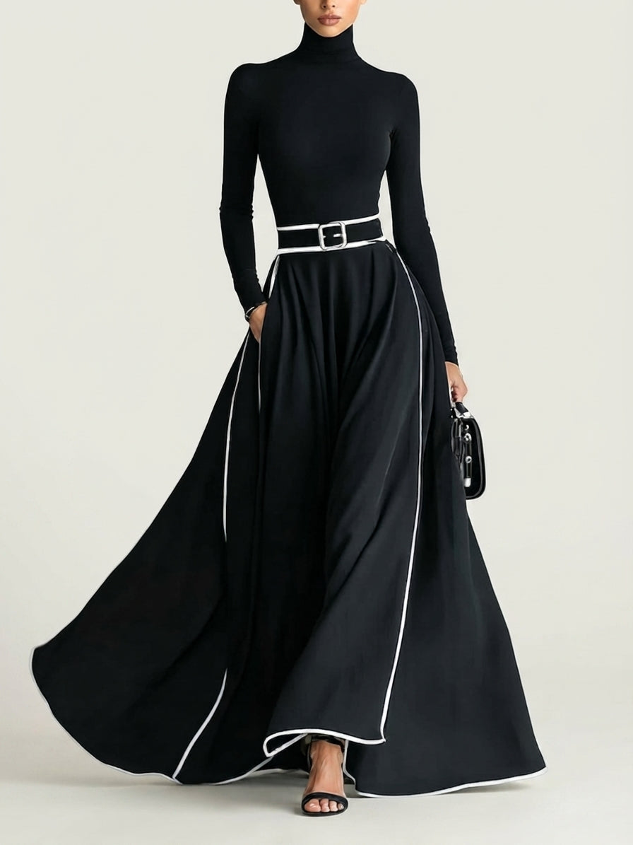 San Sebastian | Vestido Maxi Negro con Costuras Blancas y Cuello Alto