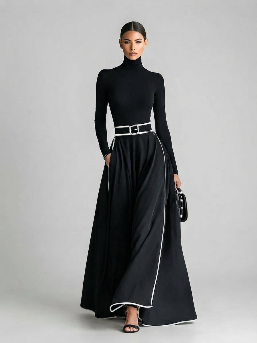 San Sebastian | Vestido Maxi Negro con Costuras Blancas y Cuello Alto