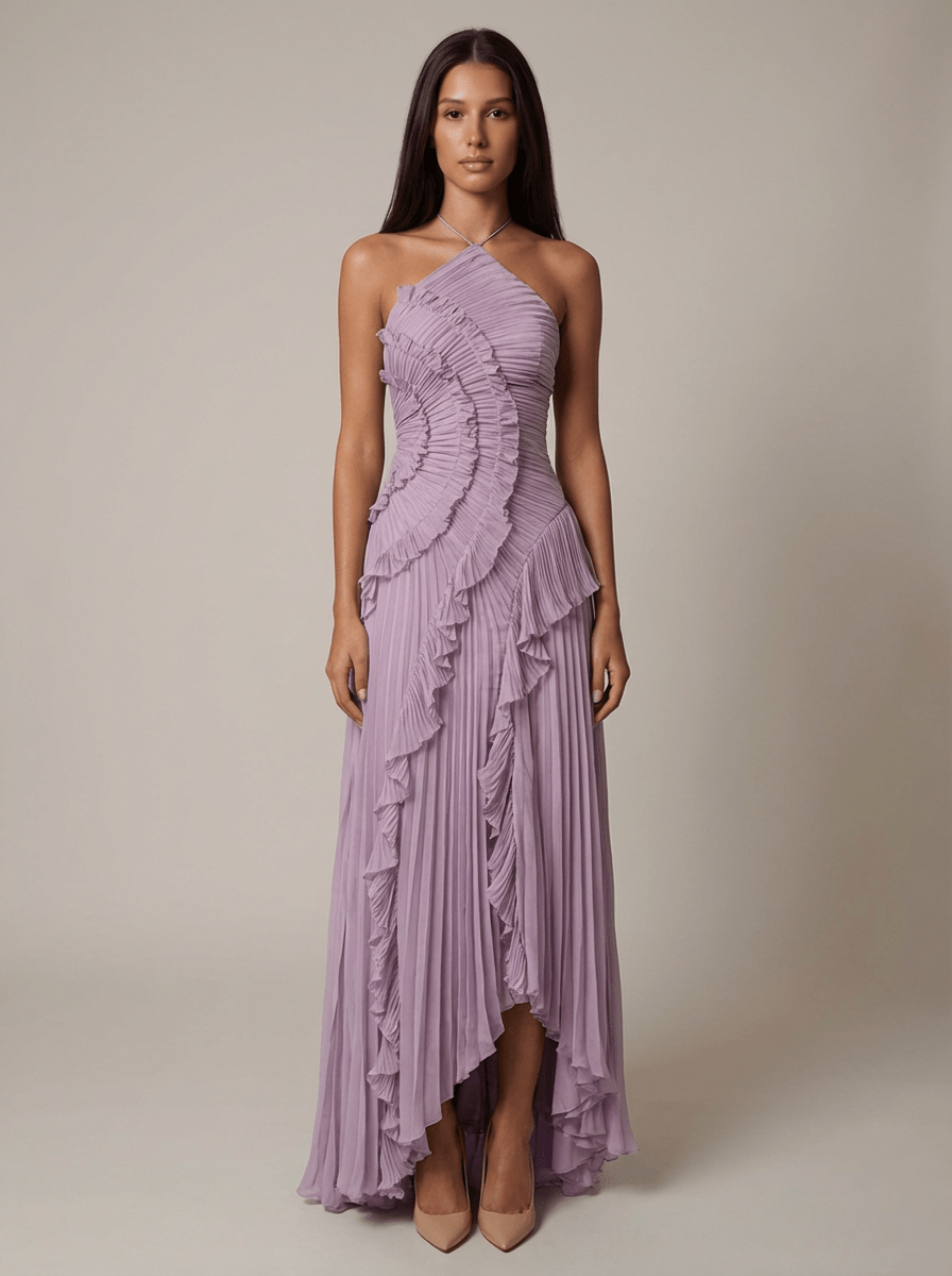 Vestido Maxi cuello halter plisado asimético
