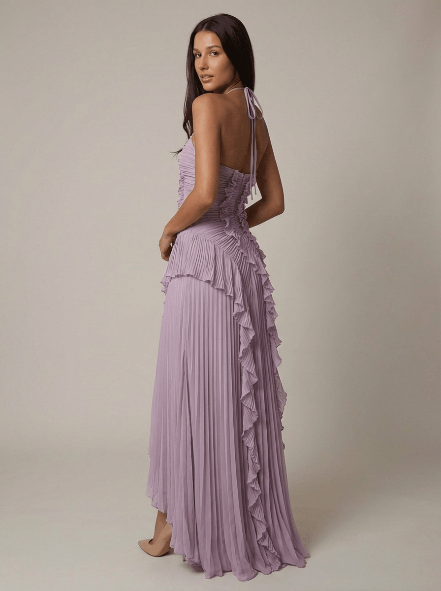 Vestido Maxi cuello halter plisado asimético