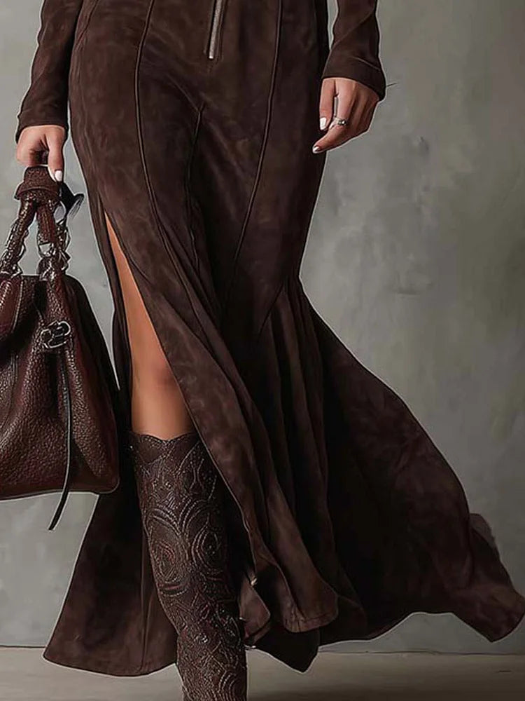 Toledo – vestido largo marrón con cinturón