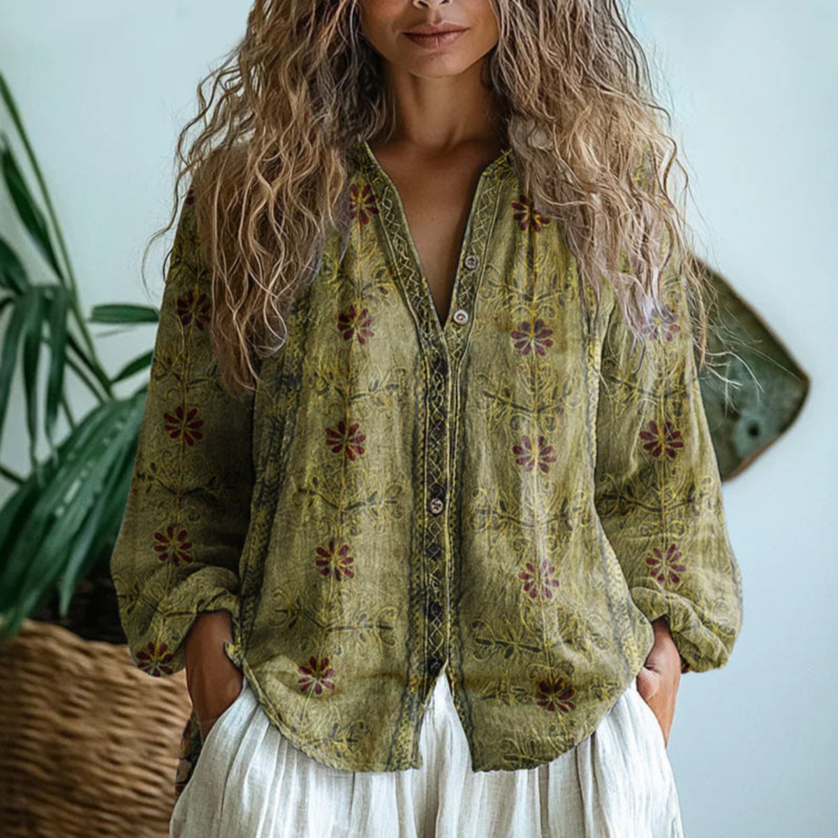 Wena - Blusa de Manga Larga con Botones para Mujer