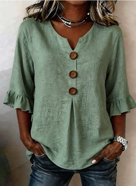 Sofía | Blusas de Color Liso con Botones de Madera y Volantes