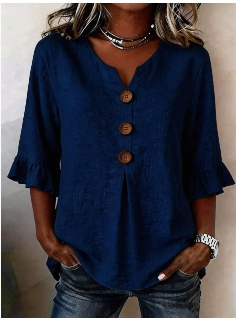Sofía | Blusas de Color Liso con Botones de Madera y Volantes