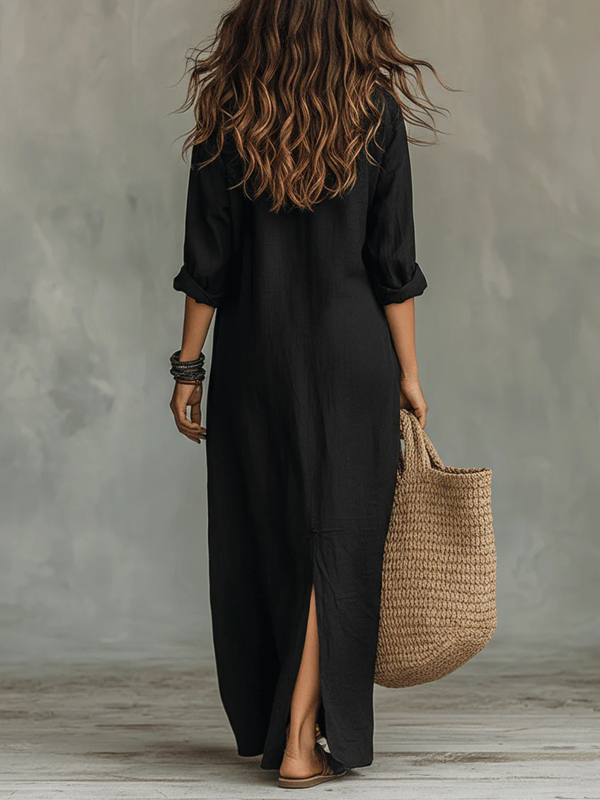 Vero| Vestido Largo Negro Amplio con Botones