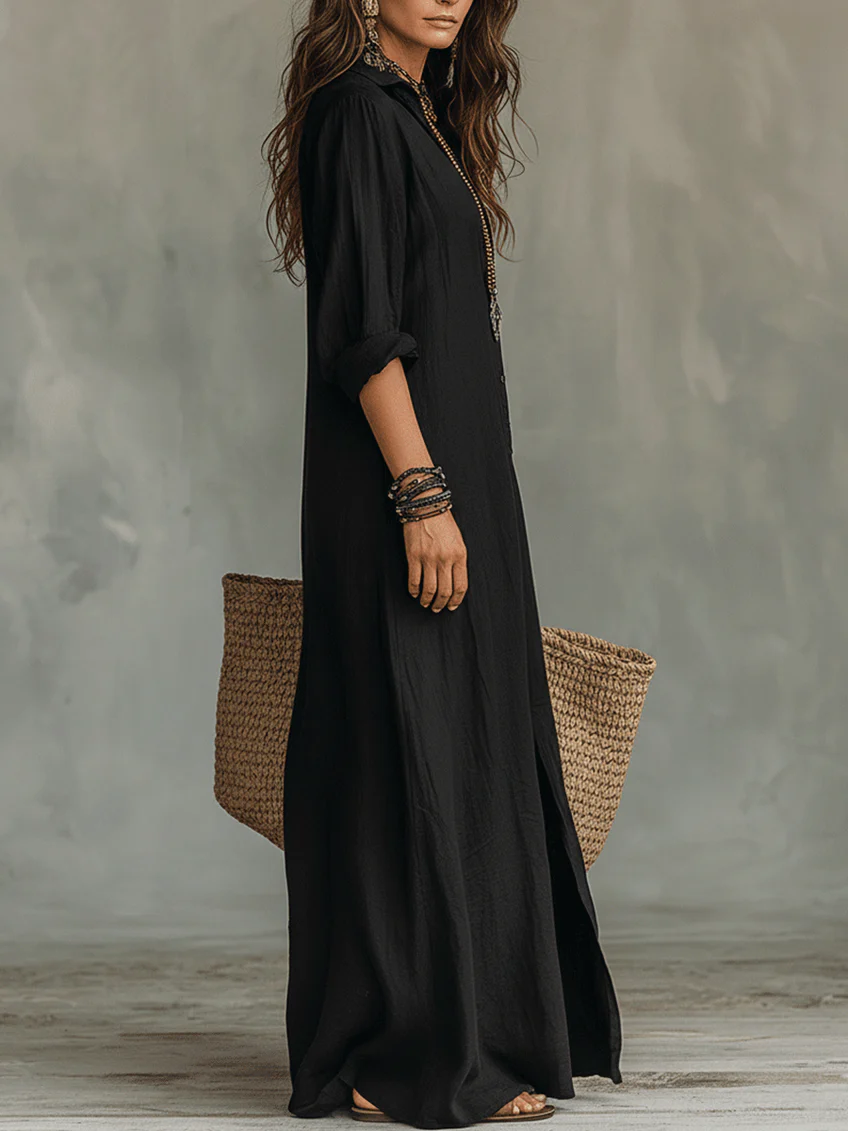 Vero| Vestido Largo Negro Amplio con Botones