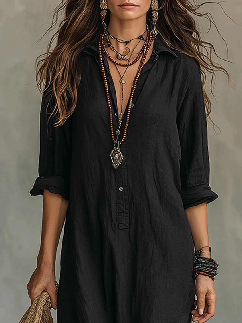 Vero| Vestido Largo Negro Amplio con Botones
