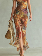 Miriam Vestido Maxi de Chiffon con Estampado Bohemio de Inspiración Óleo en Tonos Naranja