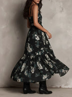 Sandra Vestido Maxi Asimétrico sin Tirantes con Estampado Floral Bohemio Negro