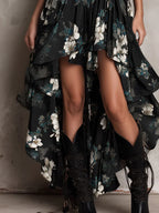 Sandra Vestido Maxi Asimétrico sin Tirantes con Estampado Floral Bohemio Negro