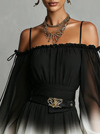 Cloe Mono de Chiffon Blanco y Negro con Degradado, Escote Bardot y Cinturón a la Cintura