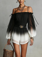Cloe Mono de Chiffon Blanco y Negro con Degradado, Escote Bardot y Cinturón a la Cintura