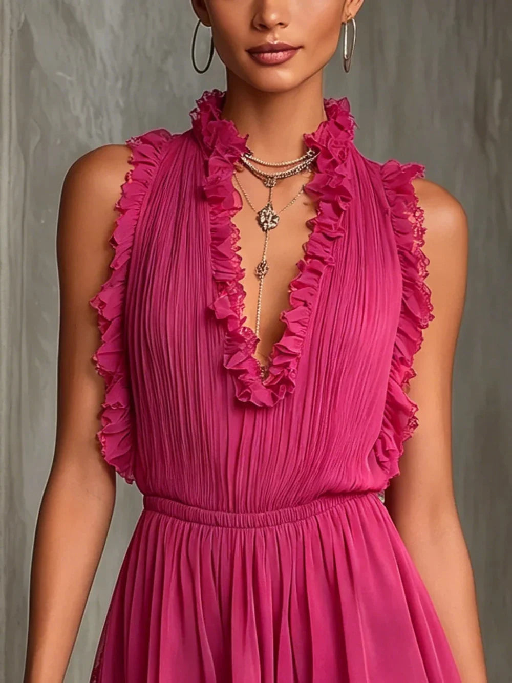Flora Mono de Chiffon con Diseño Plisado y Ribetes a Rayas Fucsia