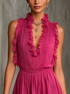 Flora Mono de Chiffon con Diseño Plisado y Ribetes a Rayas Fucsia