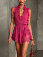 Flora Mono de Chiffon con Diseño Plisado y Ribetes a Rayas Fucsia