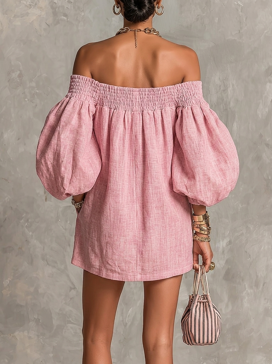 Violeta | Minivestido Trapecio Rosa con Mangas Linterna y Hombros al Aire