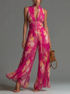 Cayetana Mono Sin Mangas de Gasa Plisada con Cremallera y Estampado Floral Fucsia