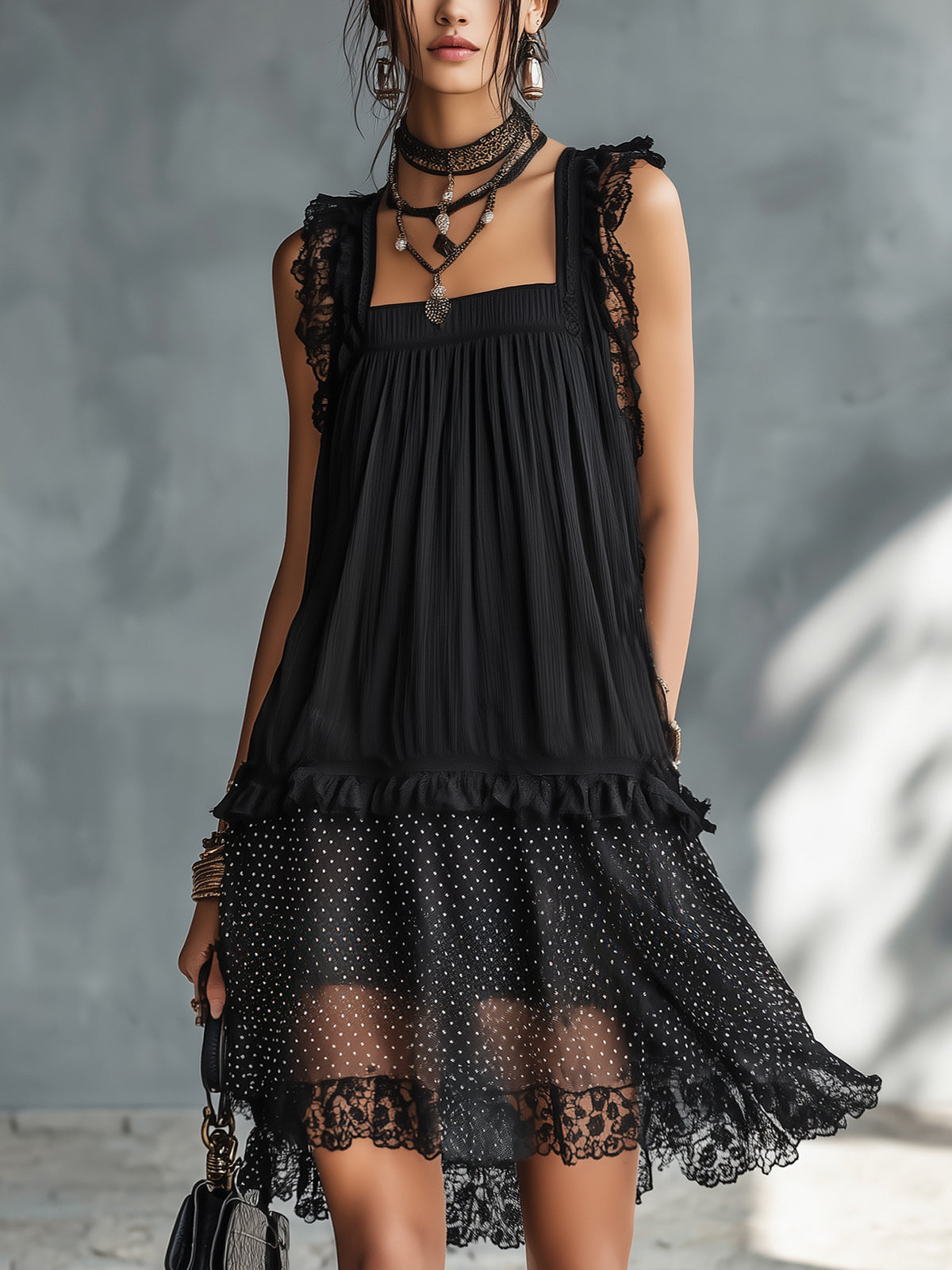 Paula | Minivestido Transparente con Lunares, Volantes y Ribete de Encaje Negro