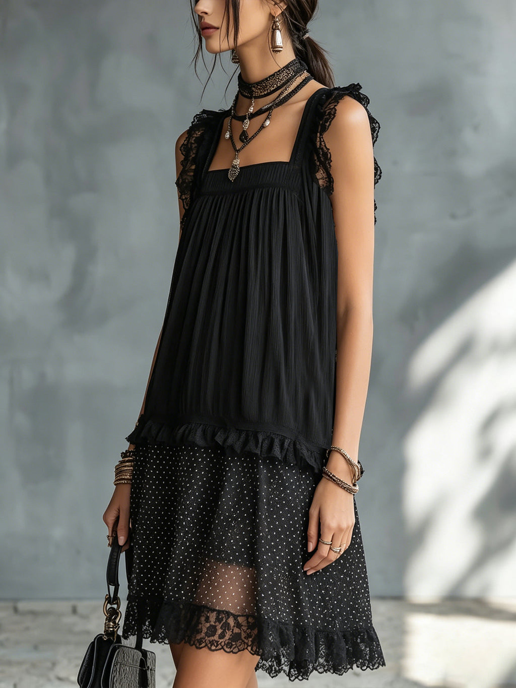 Paula | Minivestido Transparente con Lunares, Volantes y Ribete de Encaje Negro