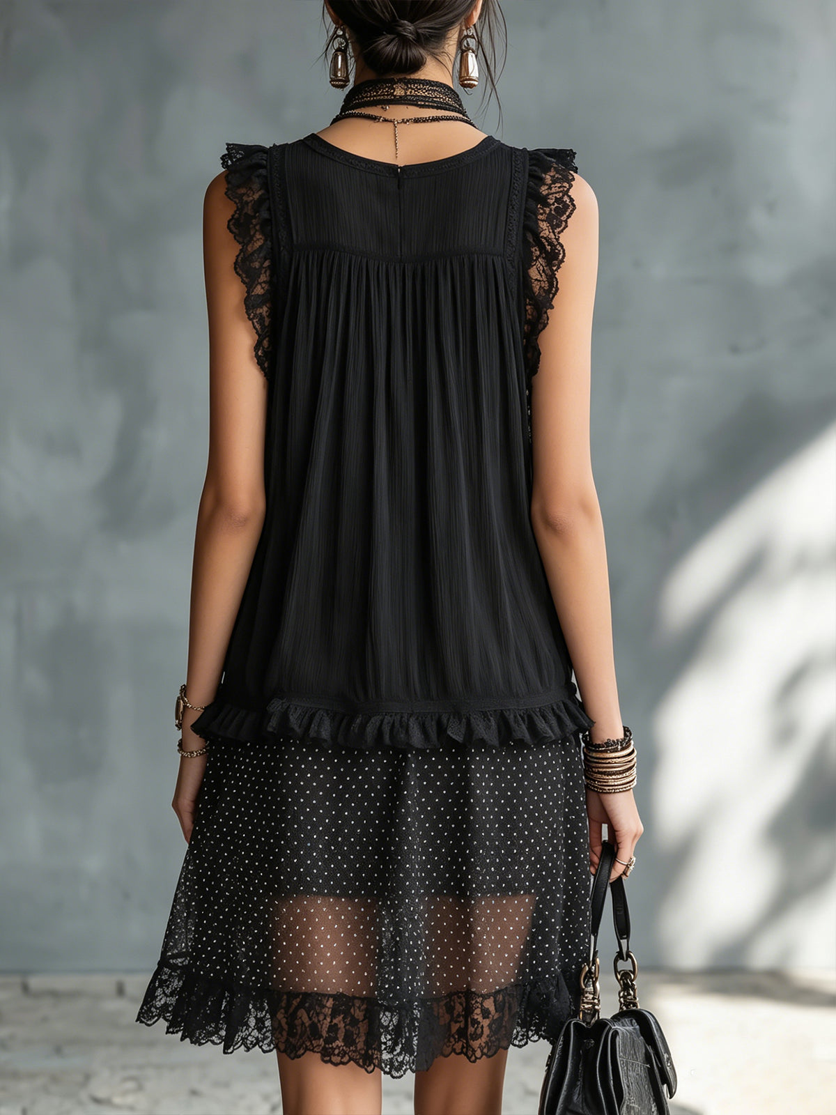 Paula | Minivestido Transparente con Lunares, Volantes y Ribete de Encaje Negro