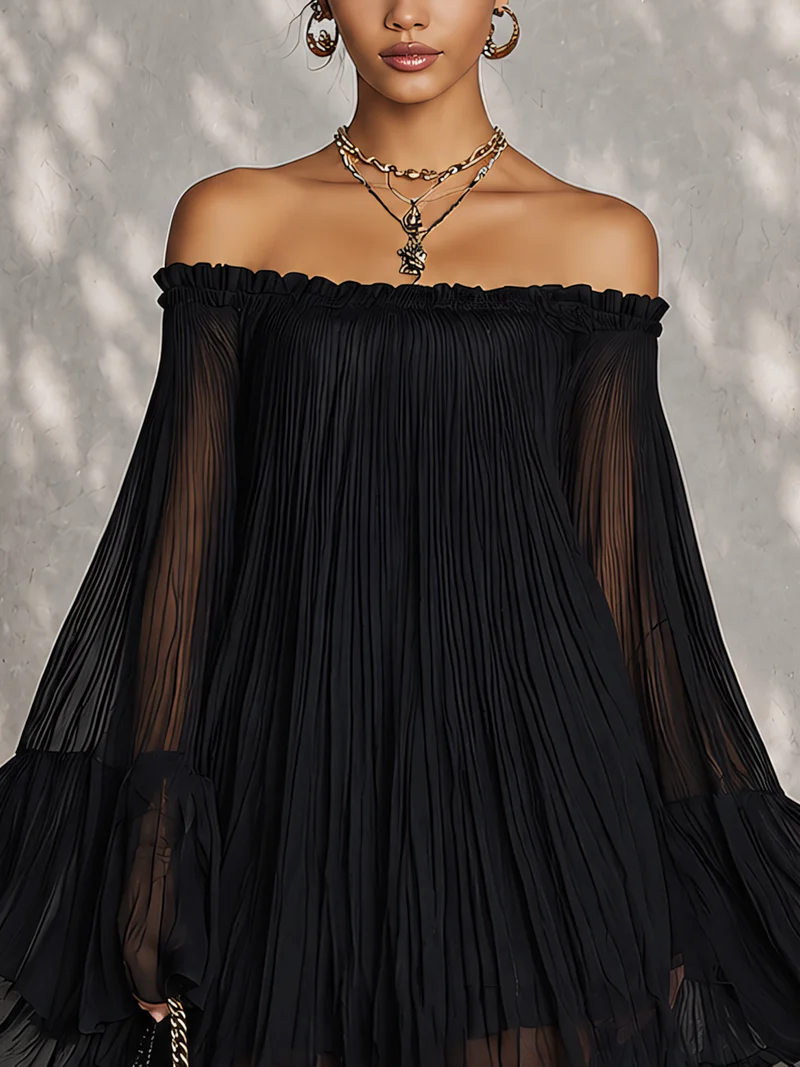 Lidia | Minivestido Negro con Mangas Acampanadas y Hombros al Aire Fruncidos