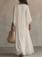 Celeste | Vestido largo de chiffon marfil con mangas de murciélago y encaje blanco