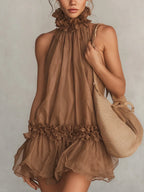 Romina Vestido Mini de Chiffon Marrón con Escote Halter y Detalles de Volantes