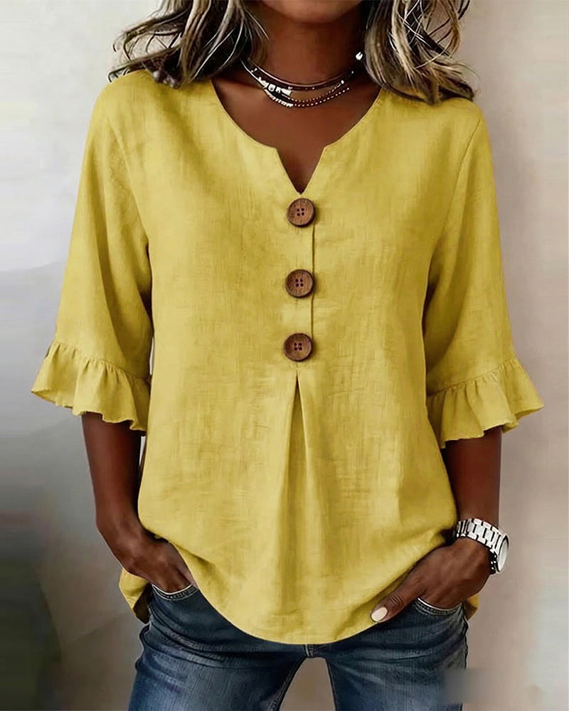 Sofía | Blusas de Color Liso con Botones de Madera y Volantes