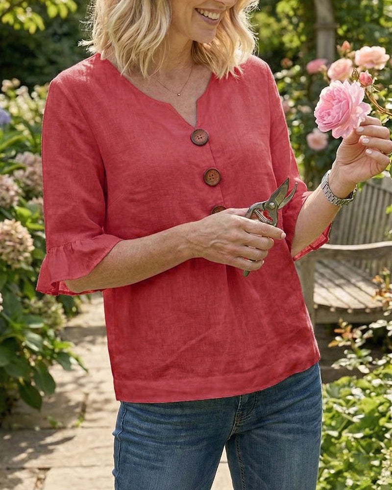 Sophia | Blusas de Color Liso con Botones de Madera y Volantes