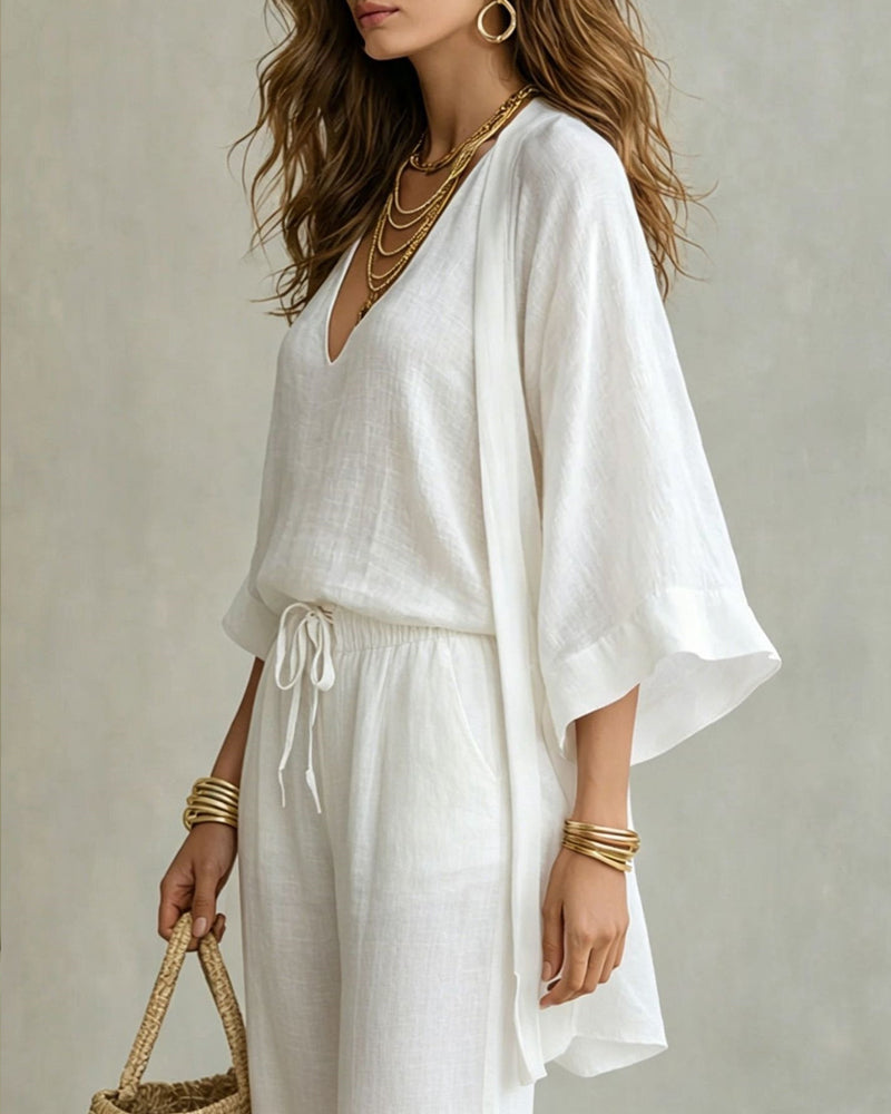 Conjunto de Tres Piezas de Lino: Chaleco, Pantalón Ancho y Cárdigan