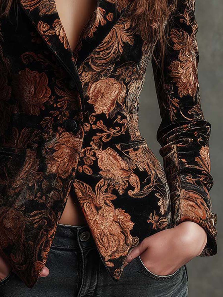 Tarifa | Blazer Sastre con Estampado Floral Negro y Bronce