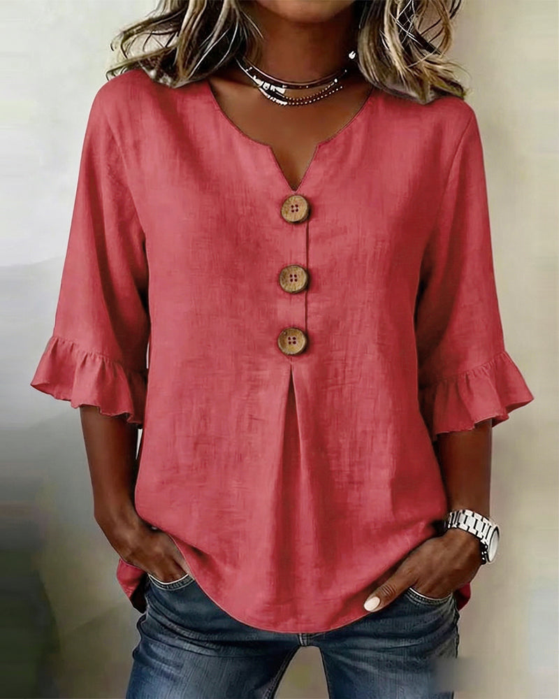 Sofía | Blusas de Color Liso con Botones de Madera y Volantes