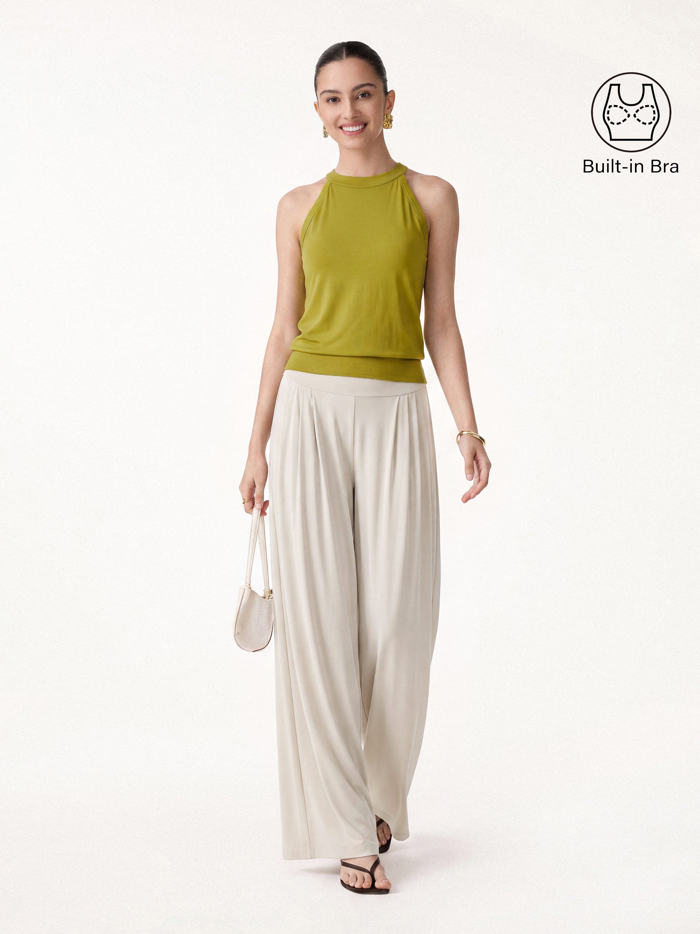 Conjunto de 2 Piezas: Top Sujetador Cuello Halter y Pantalón Plisado con Bolsillos