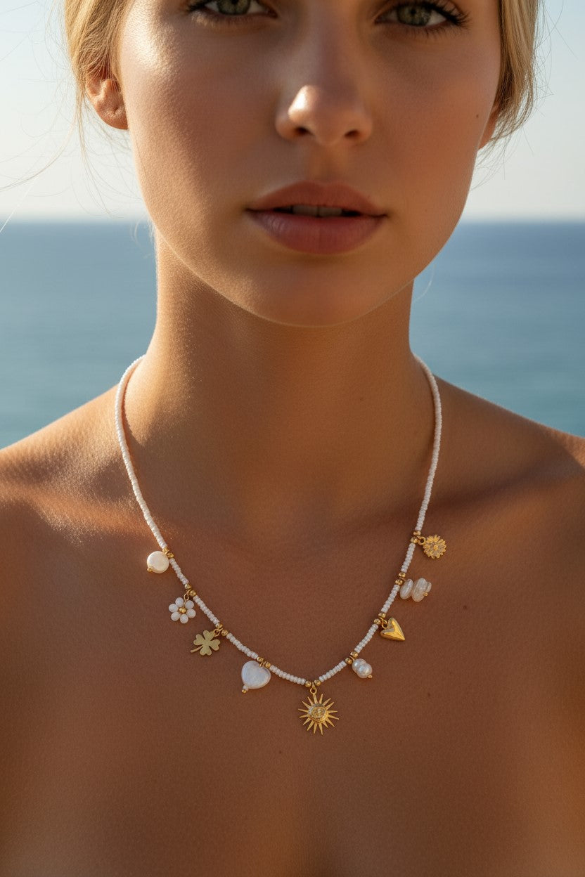 Collar Samba Perlas Blancas y Charms Acero Inoxidable Waterproof