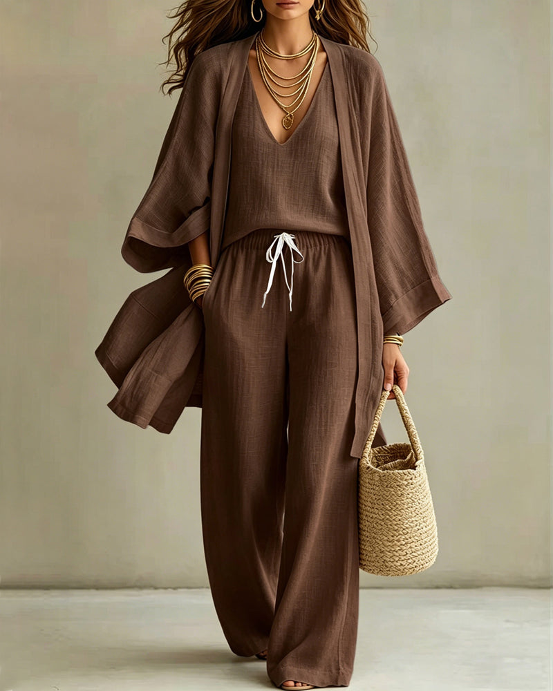 Conjunto de Tres Piezas de Lino: Chaleco, Pantalón Ancho y Cárdigan