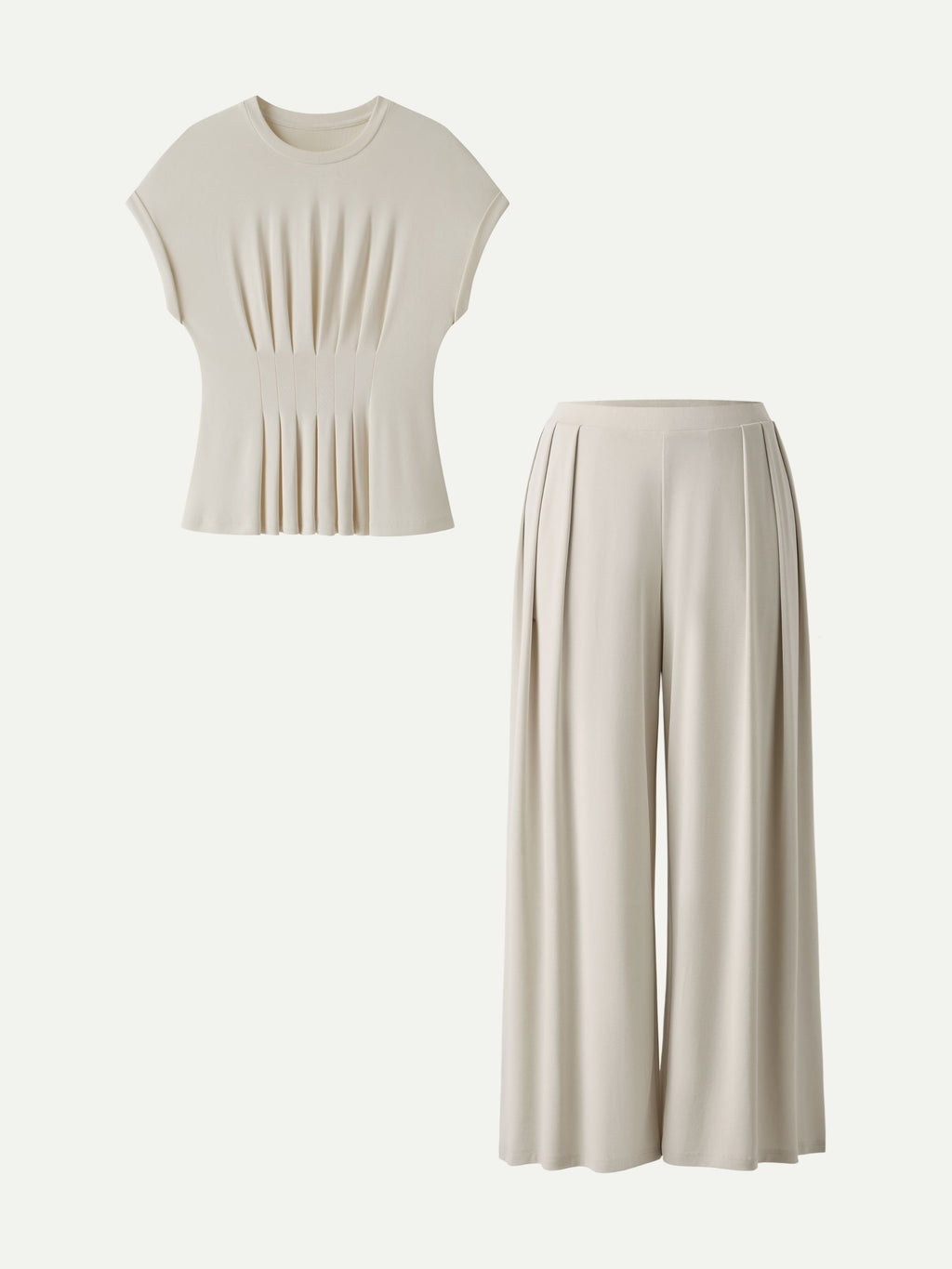 Conjunto de 2 Piezas: Camiseta Cuello Redondo Manga Corta y Pantalón Pierna Ancha con Bolsillos