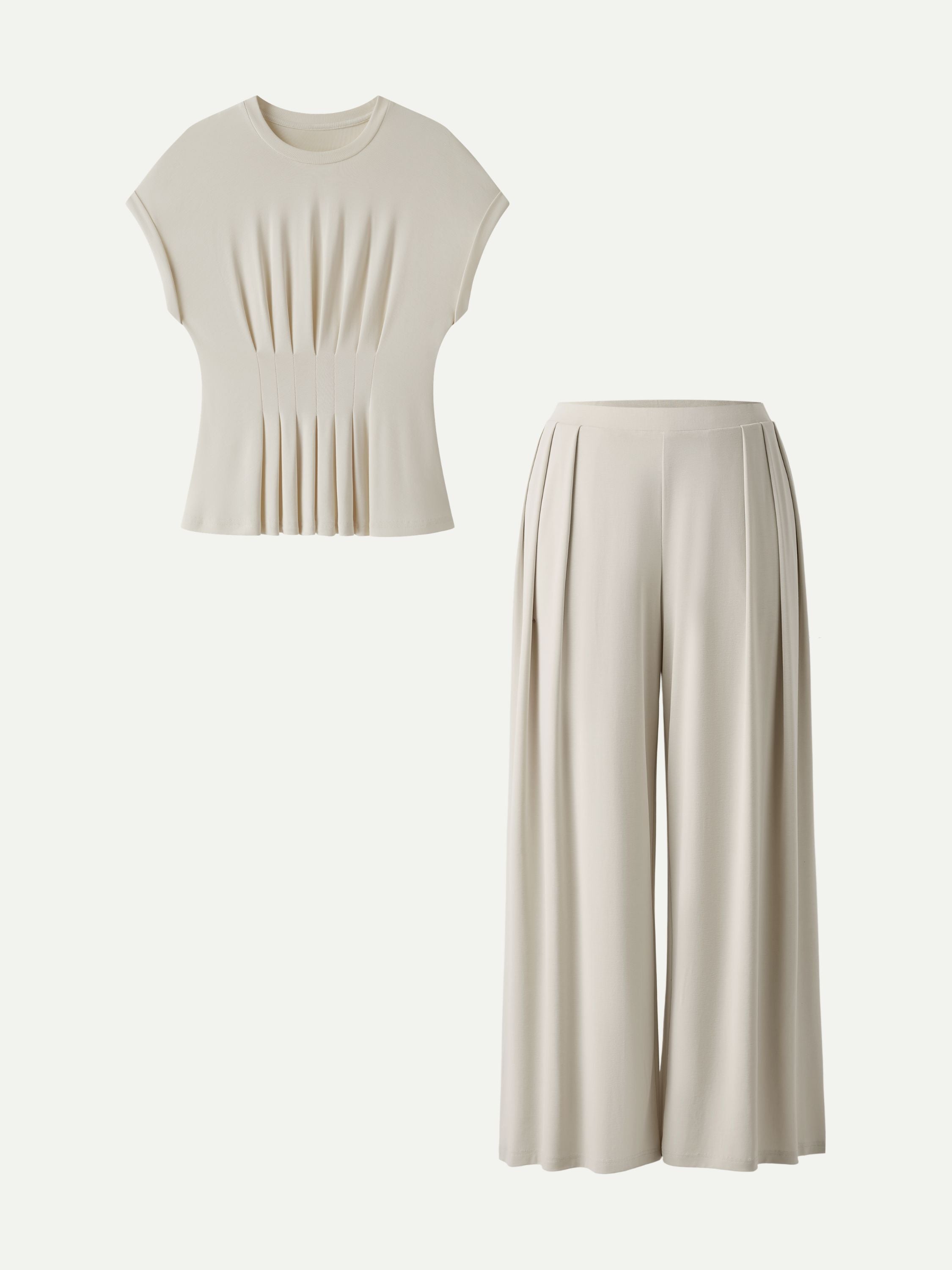 Conjunto de 2 Piezas: Camiseta Cuello Redondo Manga Corta y Pantalón Pierna Ancha con Bolsillos