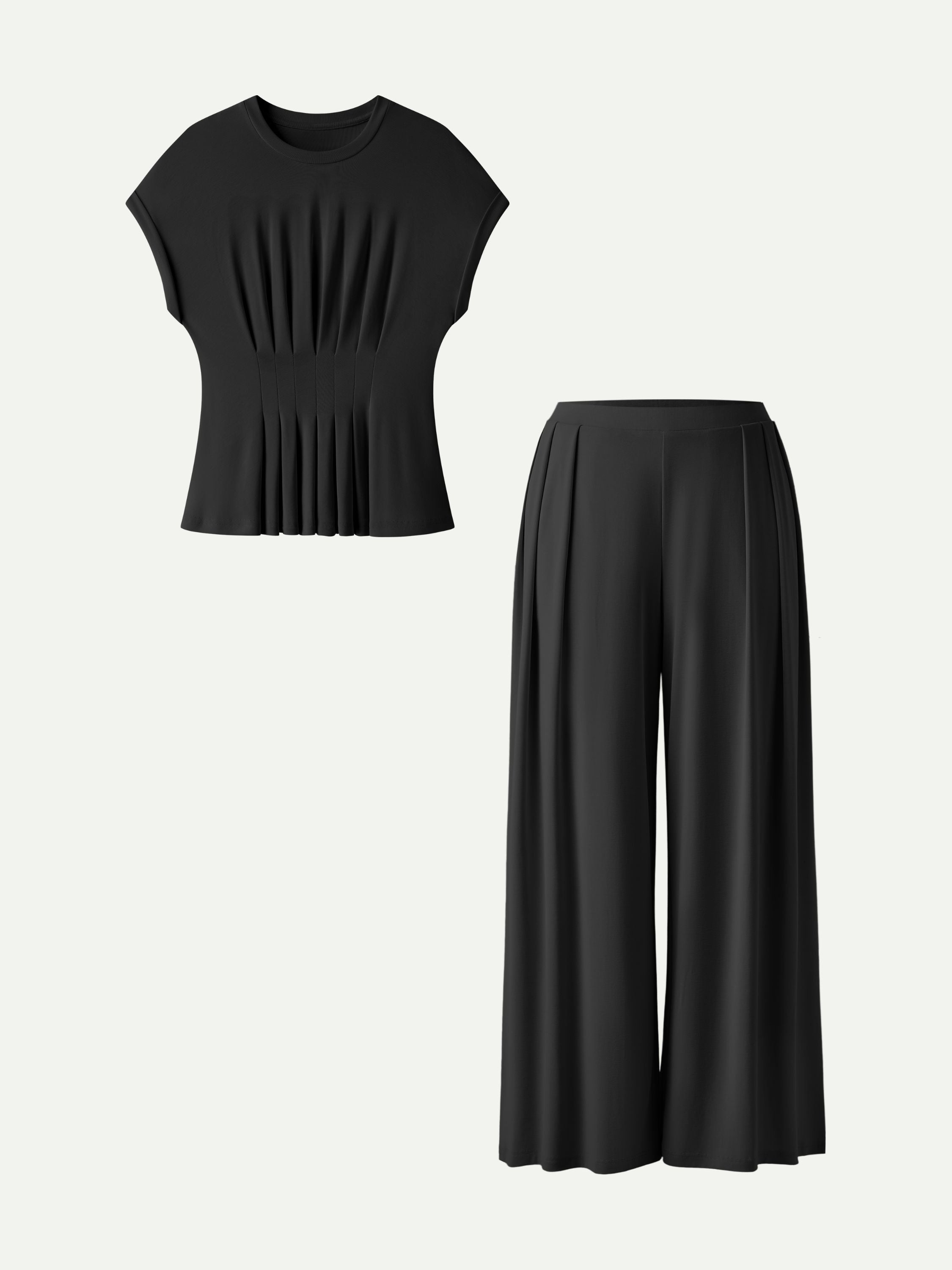 Conjunto de 2 Piezas: Camiseta Cuello Redondo Manga Corta y Pantalón Pierna Ancha con Bolsillos