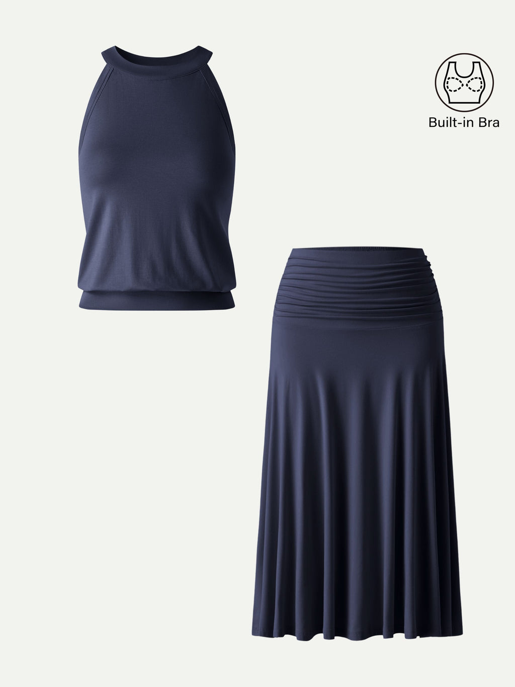 Conjunto de 2 Piezas: Top Sujetador Cuello Halter y Falda Midi Línea A