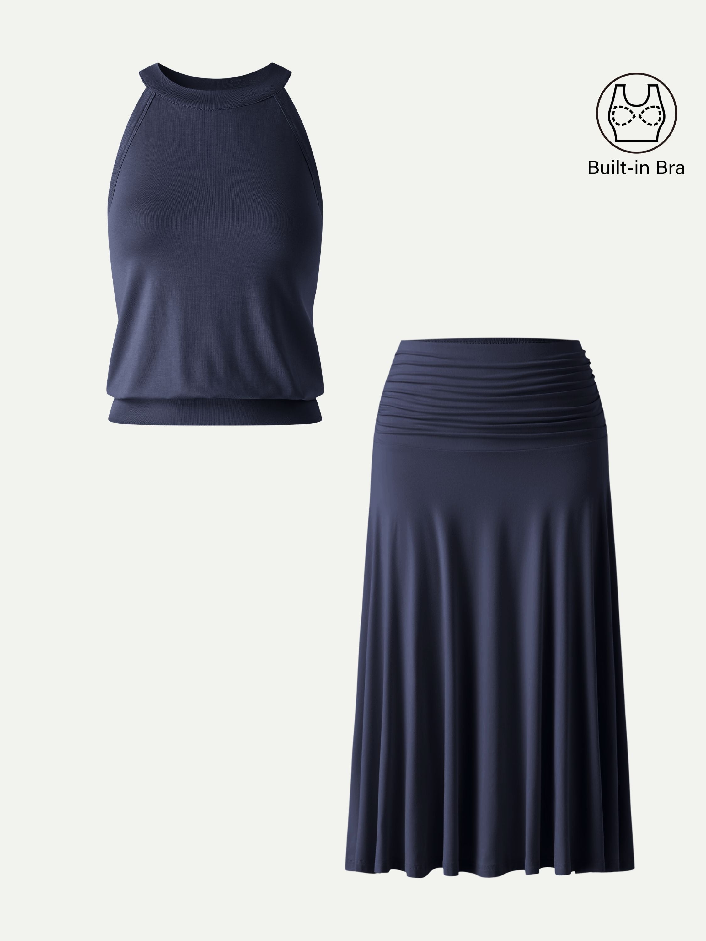 Conjunto de 2 Piezas: Top Sujetador Cuello Halter y Falda Midi Línea A
