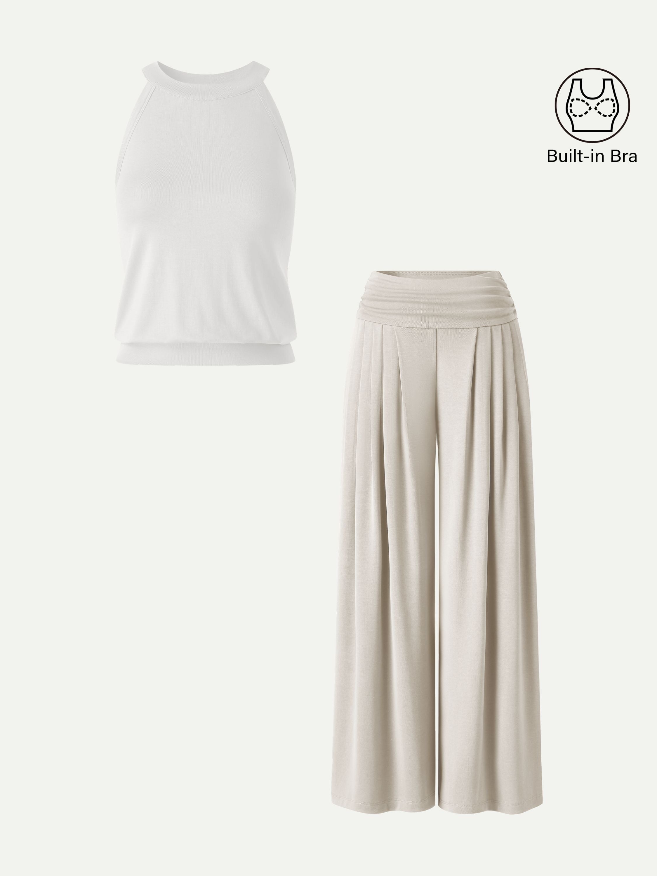 Conjunto de 2 Piezas: Top Sujetador Cuello Halter y Pantalón Plisado con Bolsillos