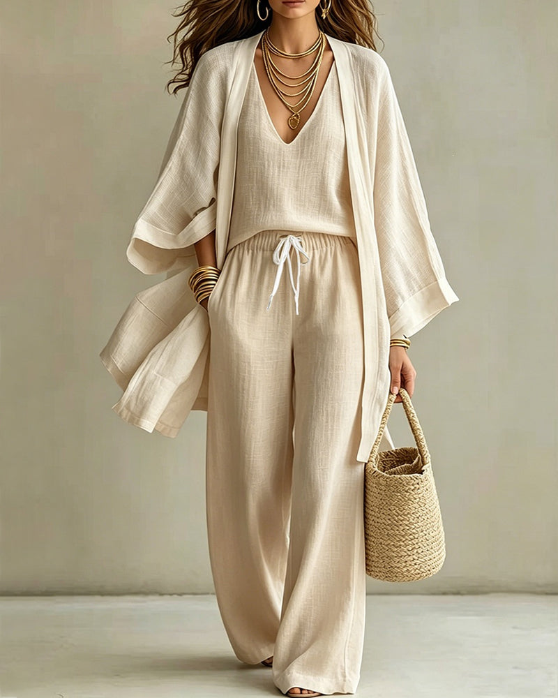 Conjunto de Tres Piezas de Lino: Chaleco, Pantalón Ancho y Cárdigan