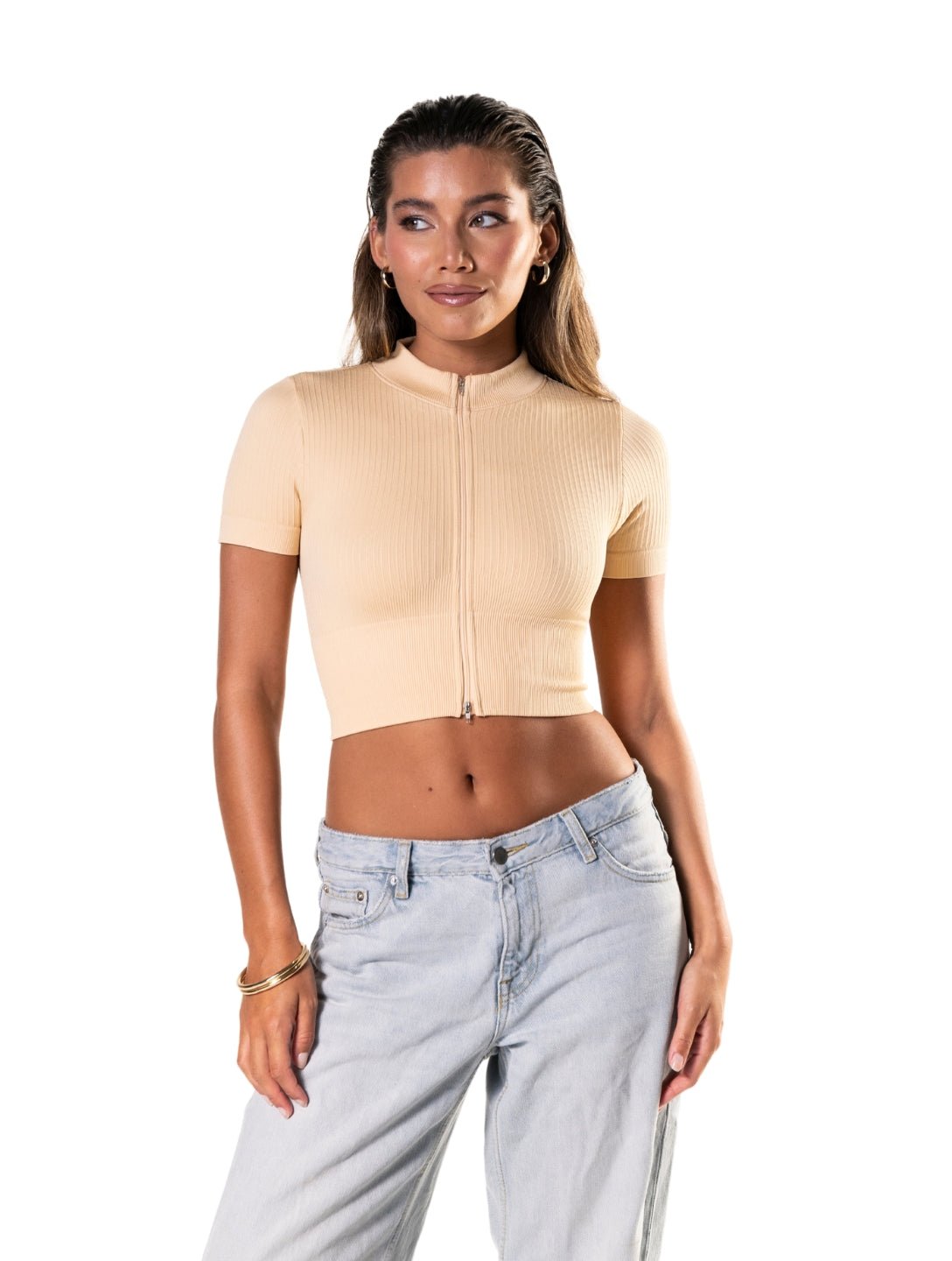 Crop Top de Manga Corta de Canalé con Cremallera Frontal