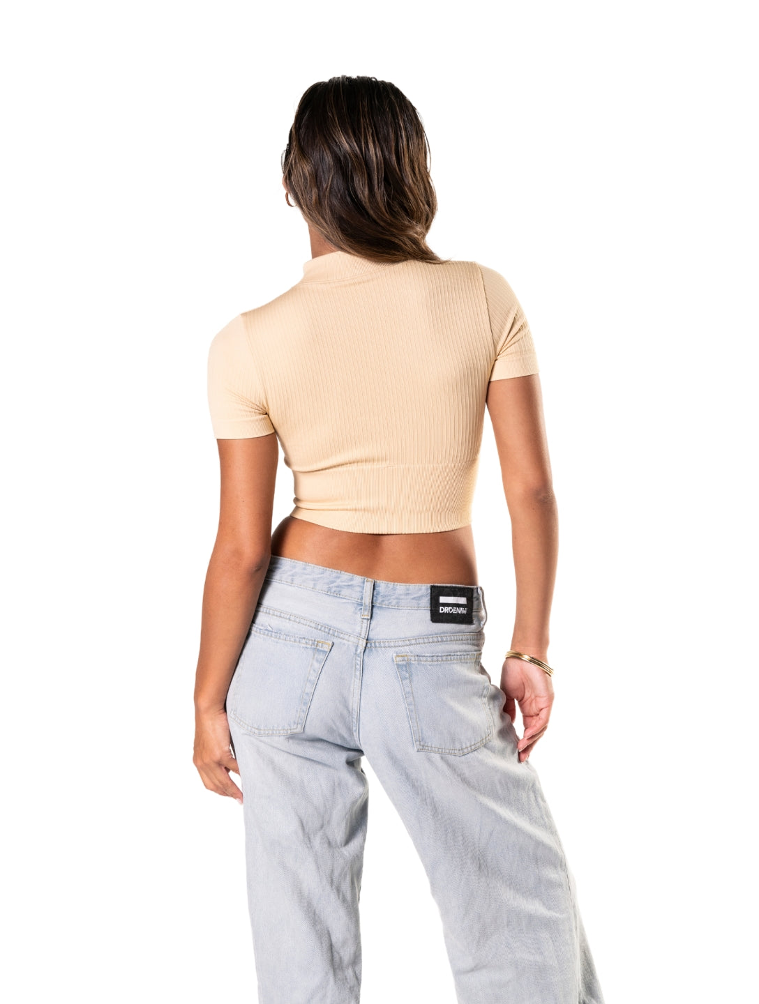Crop Top de Manga Corta de Canalé con Cremallera Frontal