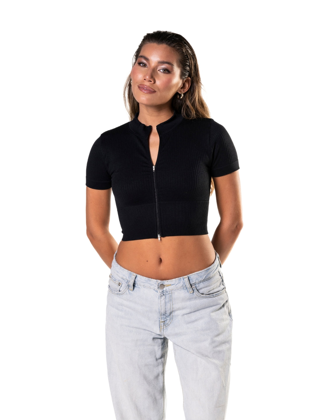 Crop Top de Manga Corta de Canalé con Cremallera Frontal