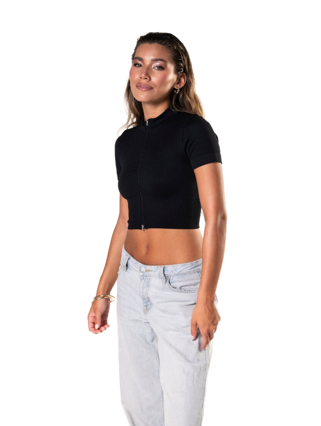 Crop Top de Manga Corta de Canalé con Cremallera Frontal