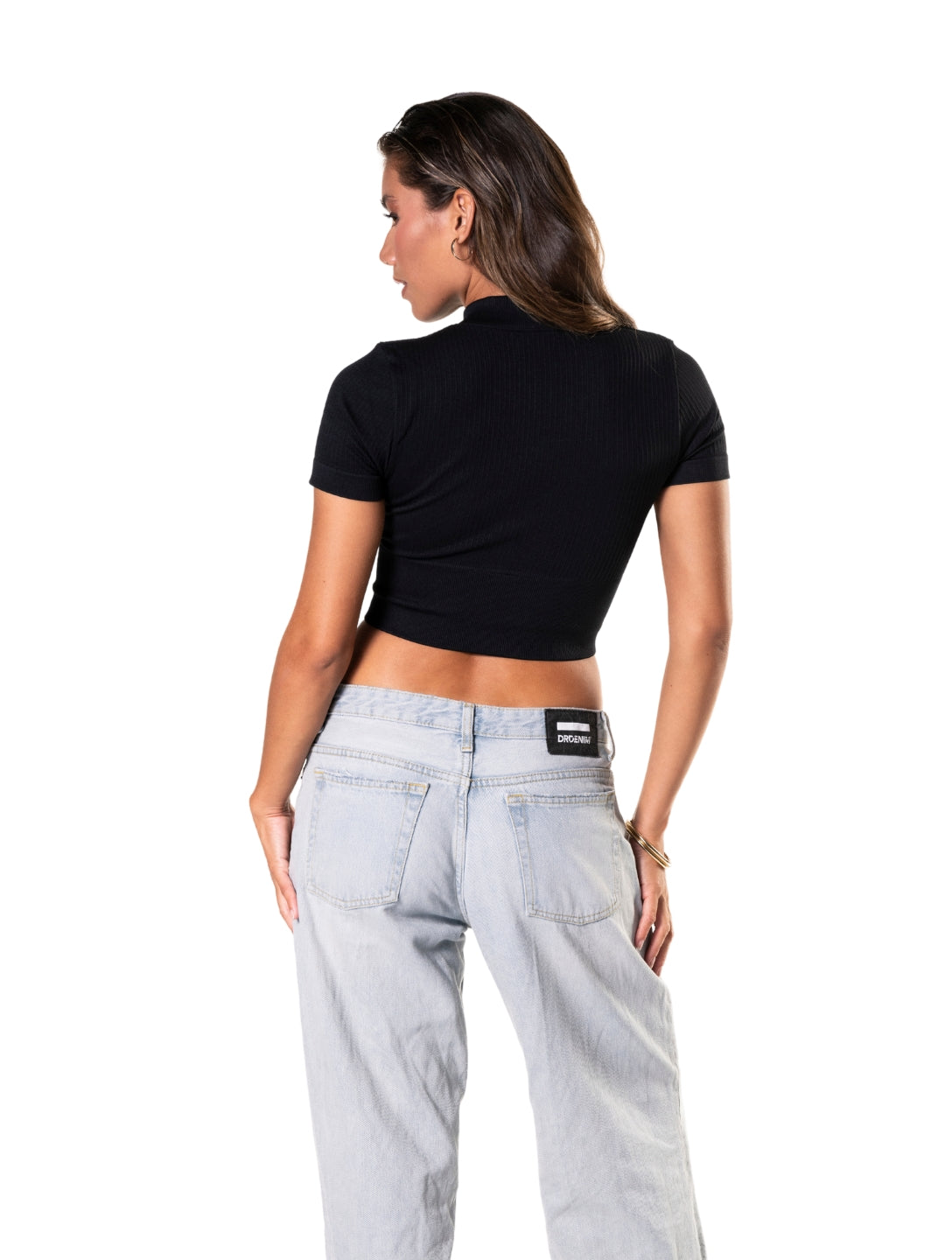 Crop Top de Manga Corta de Canalé con Cremallera Frontal